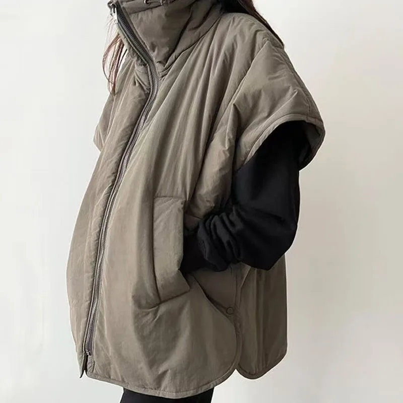 

Vintage Turtleneck Short Sleeve Cotton Jacket Autumn Winter Warmful Women Coat Pockets Vest Zipper Tank Outwears