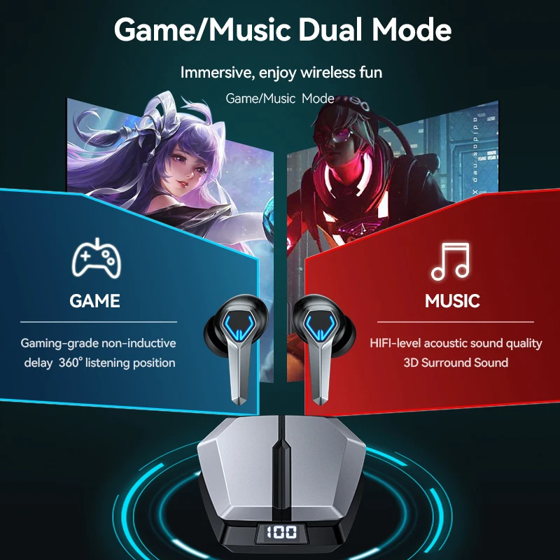 Tai Nghe Chơi Game TWS Stereo Không Dây Bluetooth 5.3 Giảm Tiếng Ồn Thể Thao Tai Nghe Chống Nước Nhạc Tai Nghe Nhét Tai Kèm Mic