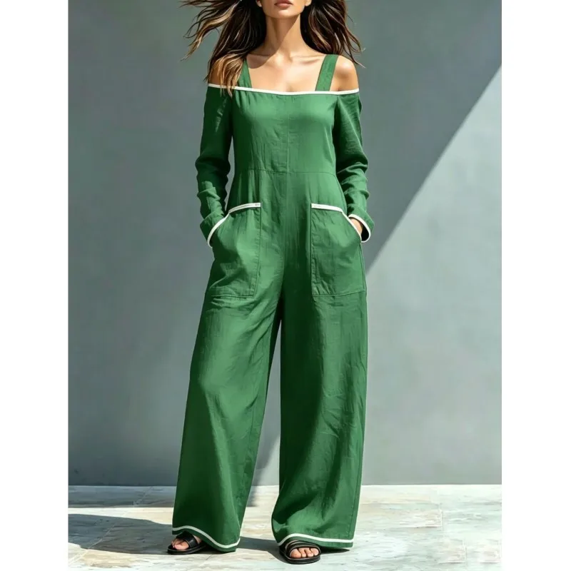 Foreign Style Color Blocked Jumpsuit Women's Spring Autumn Fashion Long Sleeved One Shoulder Wide Leg Overalls Casual Streetwear