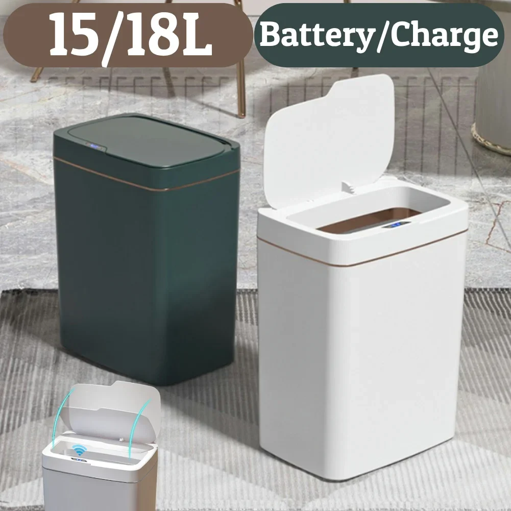 15/18L Automatic Trash Bin Quiet Electric Garbage Bin Rechargeable Auto Motion Sensor Rubbish Can for Kitchen Bathroom Bedroom