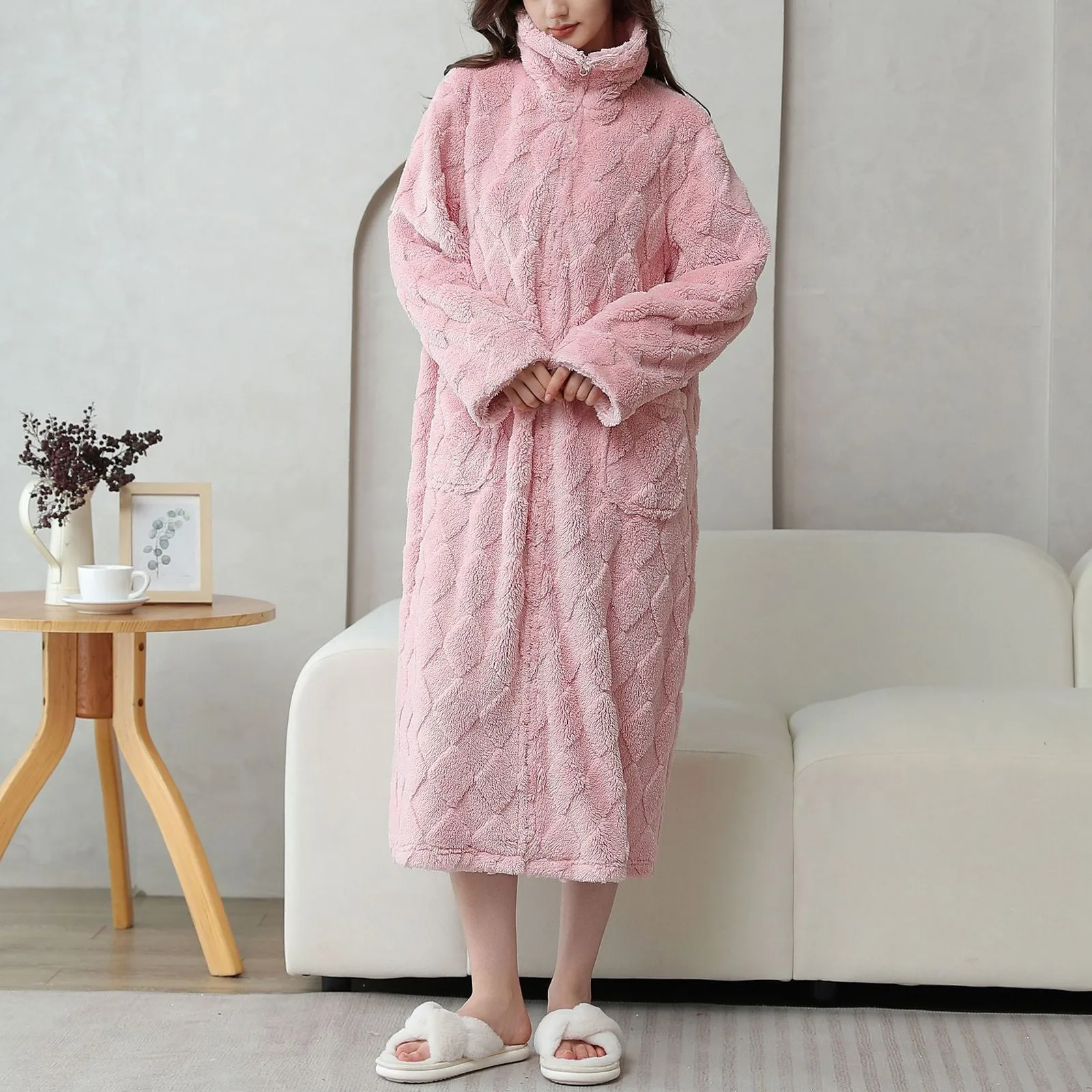 Women Zipper Robe Winter Plush Pyjamas Ladies Dressing Solid Color Nightgown Warm Pajamas Female Home Clothing