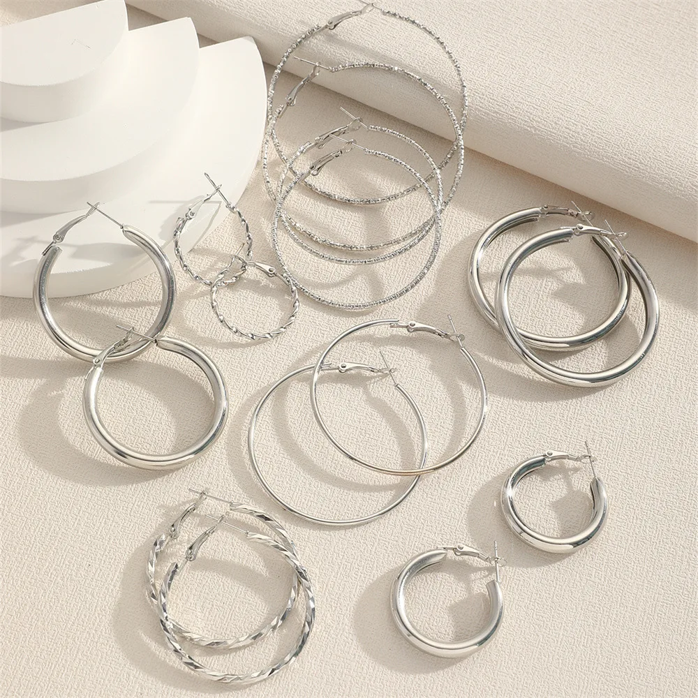 8Pairs Simple Punk Hoop Earrings Set Big Circle Earrings Jewelry for Women Girls Ear Hoops Earring Round Oversized image 2