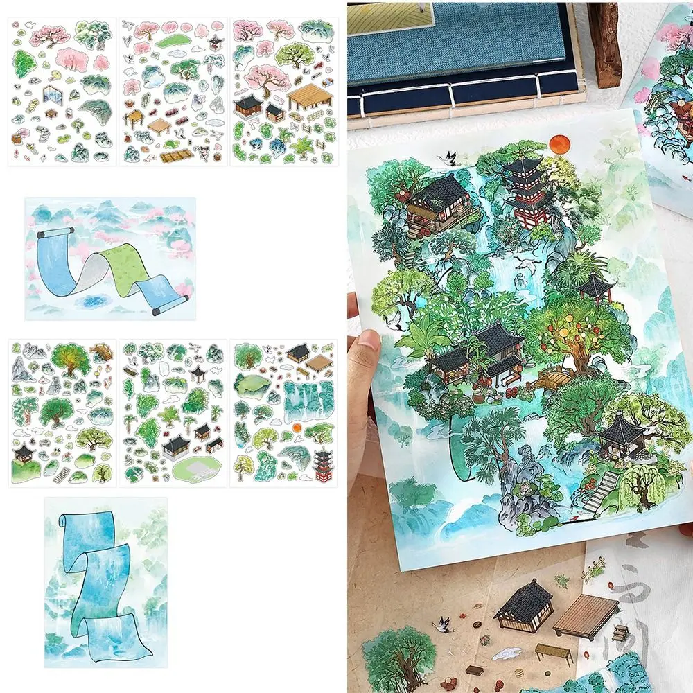 

Chinese Style 3D Stacked Landscape Stickers Cartoon PVC DIY Scene Decals Multicolor Scrapbook Landscaping Making Sticker Game