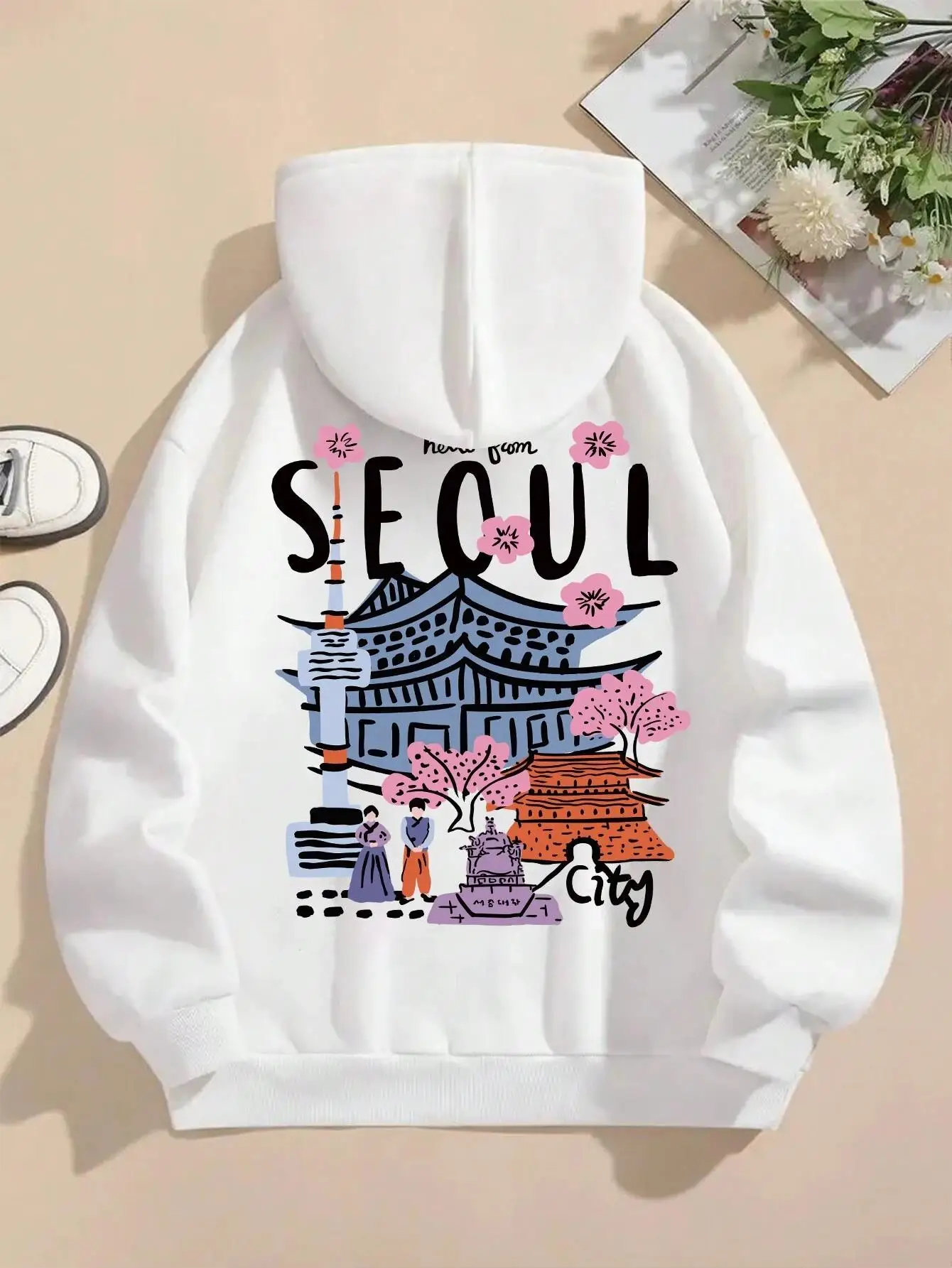 Seoul Beautiful Scenery Printing Womens Hooded Warm Fleece Comfortable Hoodies Simple Soft Hoodie Street Casual Loose Pullover