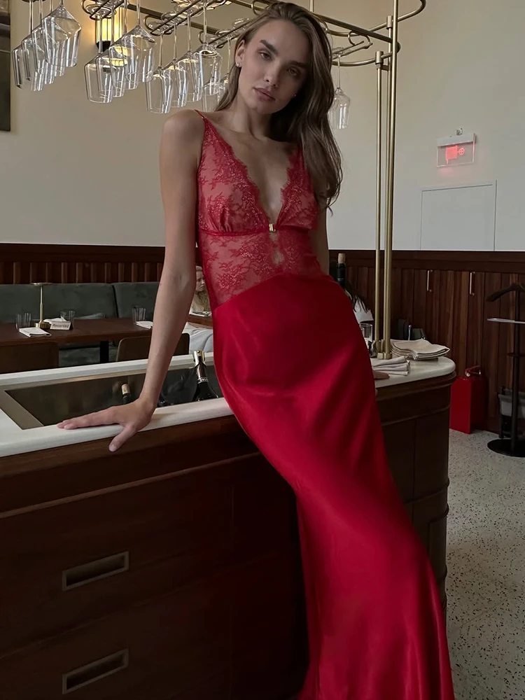 Ticketsx Elegante Spitze Abendkleider Schwarz Luxus Spitze Patchwork Ärmelloses V-ausschnitt Rückenfreies Kleid Neue Mode Frauen Party Kleid