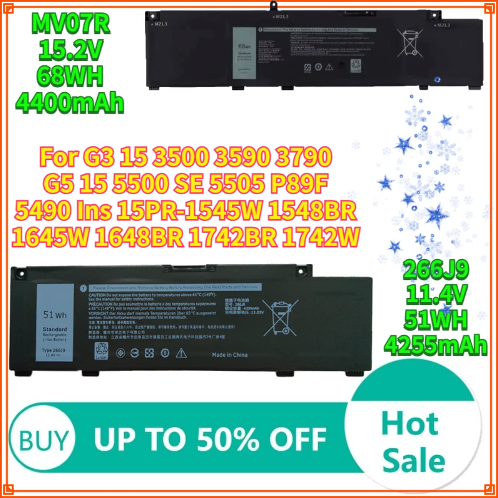 68WH 51WH 4400mAh 4255mAh MV07R 266J9 Laptop Battery For Dell G3 3500 3790 3590 G5 5000 5500 5590 MV07R 266J9
