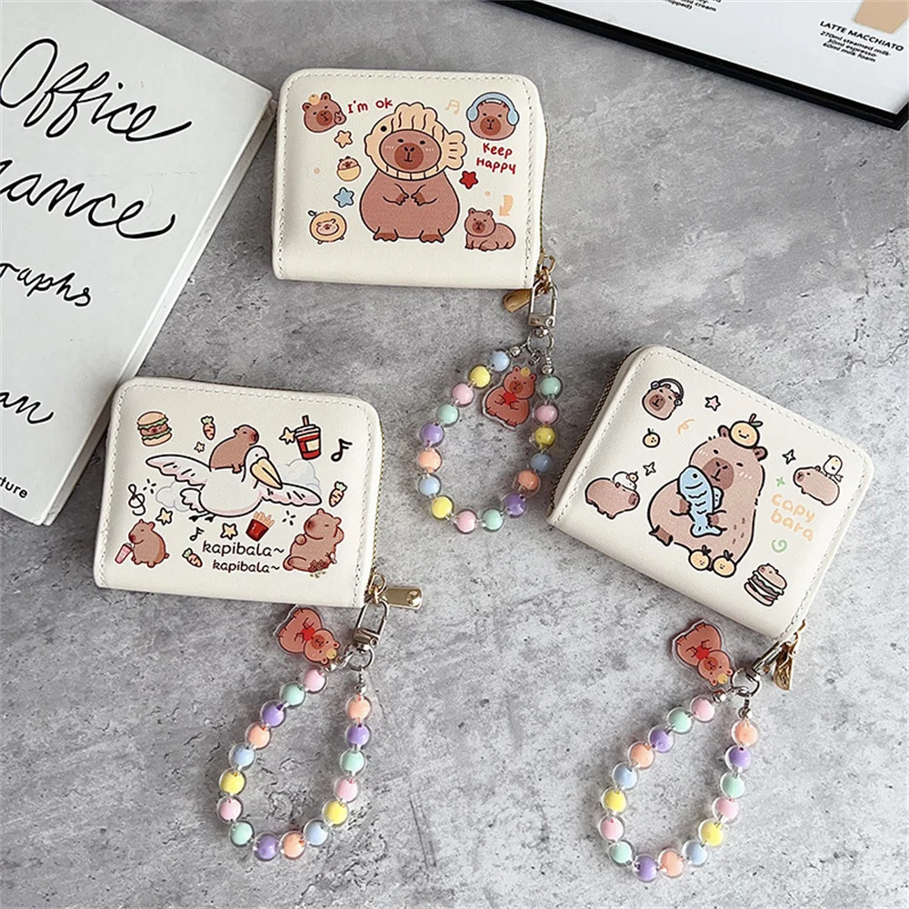 

Cartoon Capybara Wallet with Beaded Keychain Cute Card Holders Large Capacity Money Bag Portable Chain Coin Purse