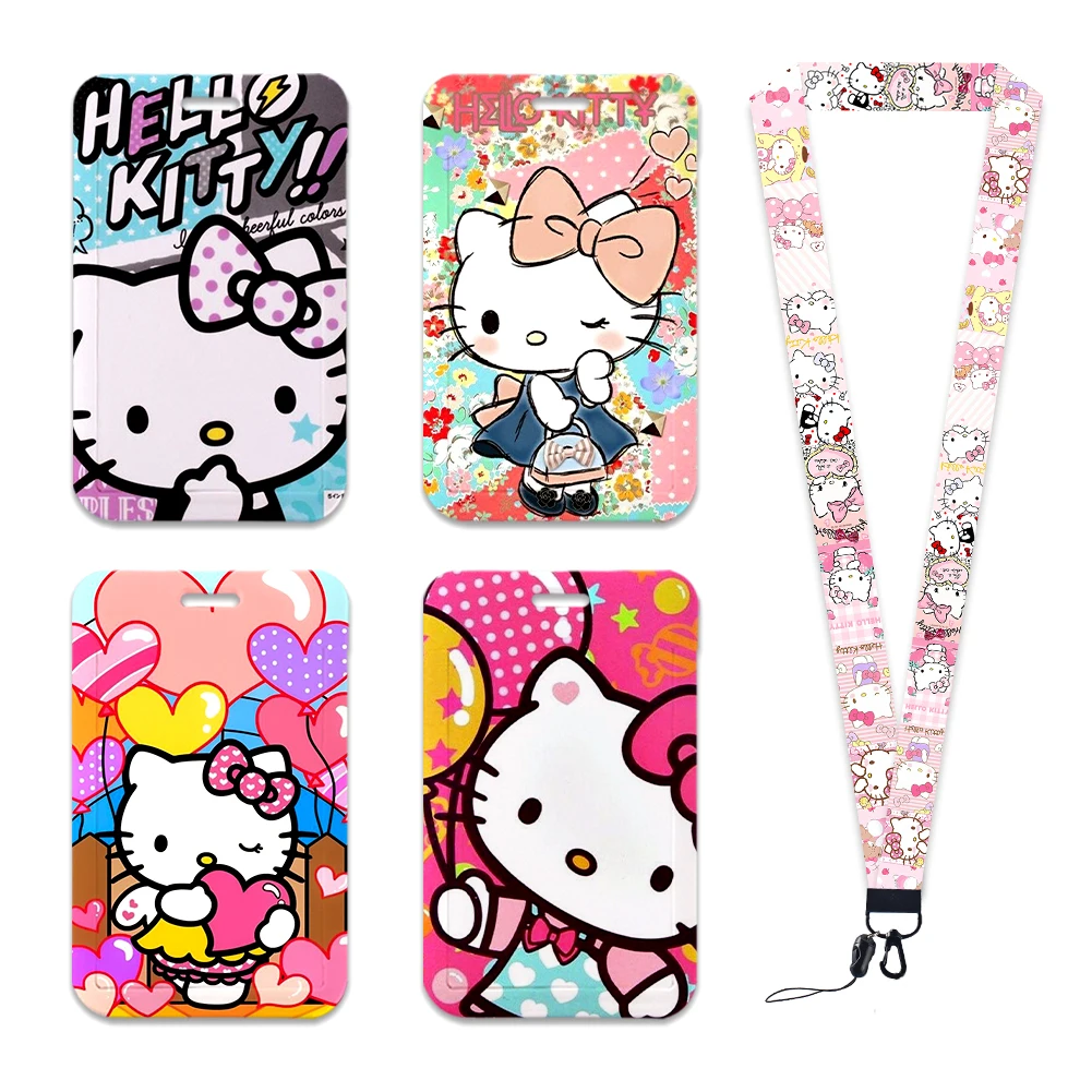 

W Sanrio Cartoons Protective Case Hello Kitty Kulomi Melody PVC Card Holder+spring Rope Lanyard ID Anti-lost Pendant Keychain