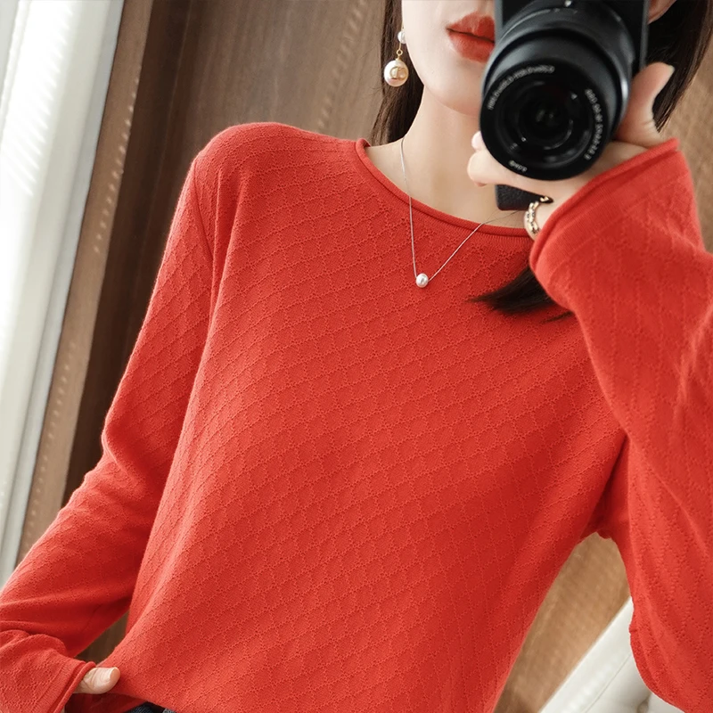 

100% cotton t-shirt women rolled edge round neck pullover sweater spring and autumn casual knitted plaid top fashion sweater