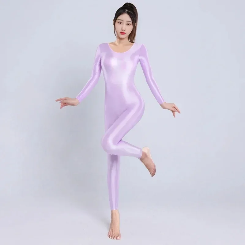 Sexy Women Shiny Silky Glossy Bodysuit Lingerie Sheer Smooth Tight Jumpsuit Elastic Romper Fetish Costumes Uniform Yoga Dance