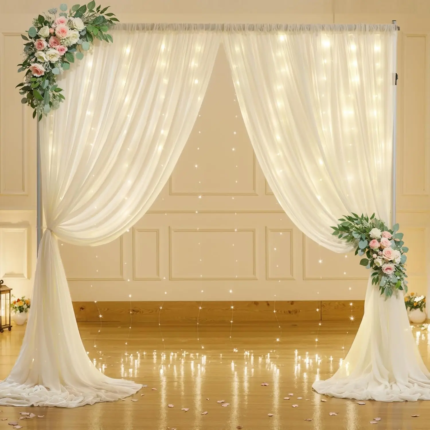 30ft x 10ft Ivory Backdrop Curtain Panels with Lights String for Parties, Sheer Tulle Wedding Backdrop Drapes for Birthday Party