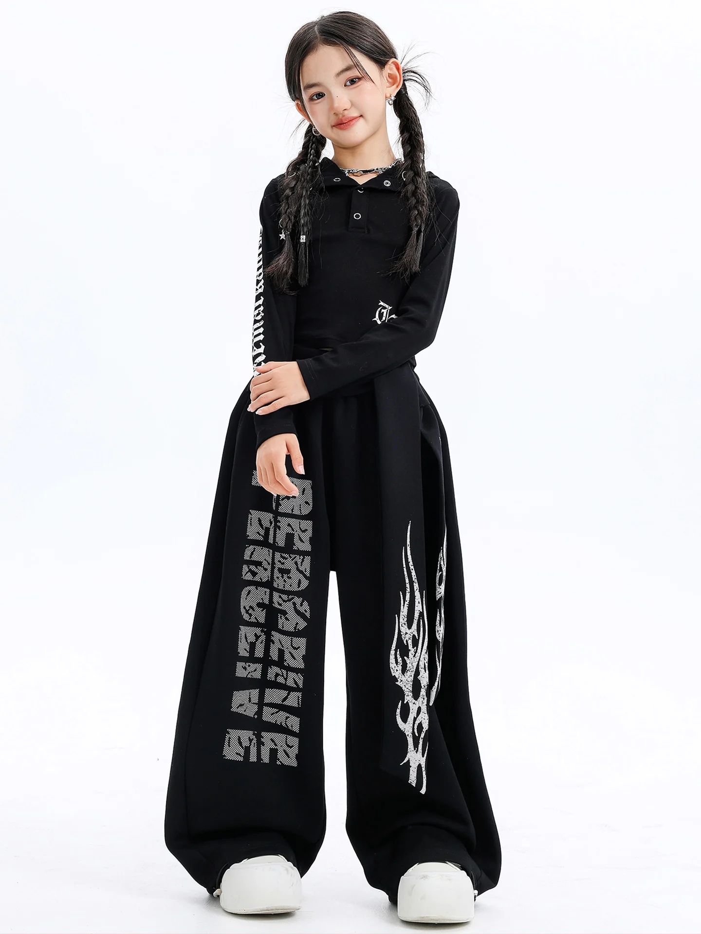 2025 中国風ジャズダンスパフォーマンス衣装女の子のための黒パーカートップスルーズパンツストリートヒップホップ服 DQS20722