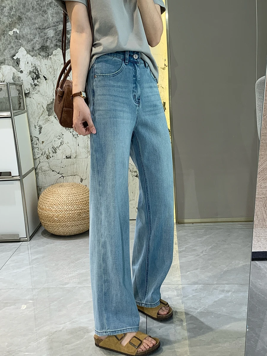 

Женские джинсы Slim Fit с высокой талией и прямым кроем, новая версия для весны и лета, супер-стройнящие, укороченные, больших размеров, из хлопка с добавлением стрейча.