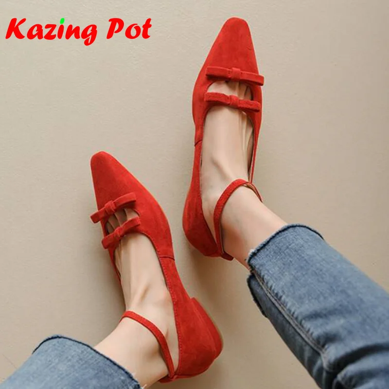 out of stock Sheep Suede Shallow Square Toe Convenient Chunky Low Heels Buckle Straps Summer Butterfly-knot Decoration Pumps