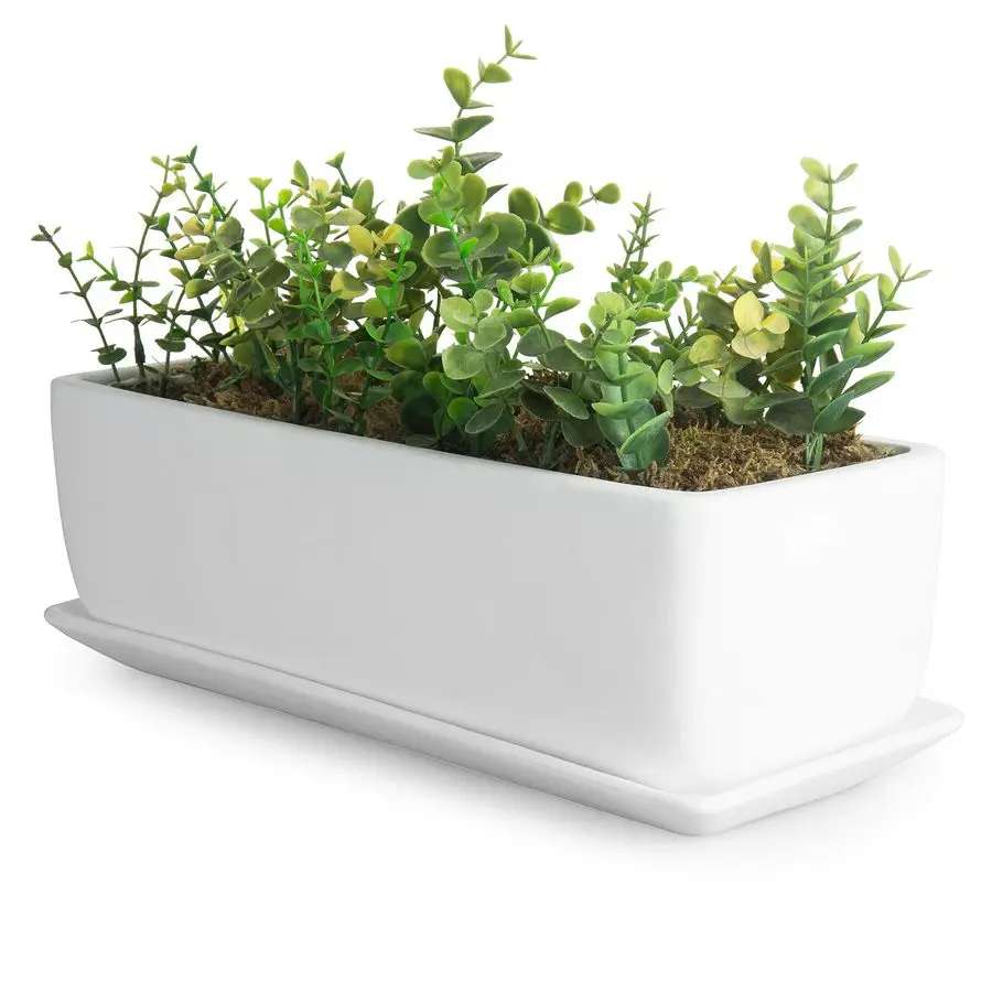 

14 Inch Ceramic Indoor Plant Pot with Drainage Hole, Rectangular Succulent Planter Window Box with Removable Saucer, Unglazed Wh