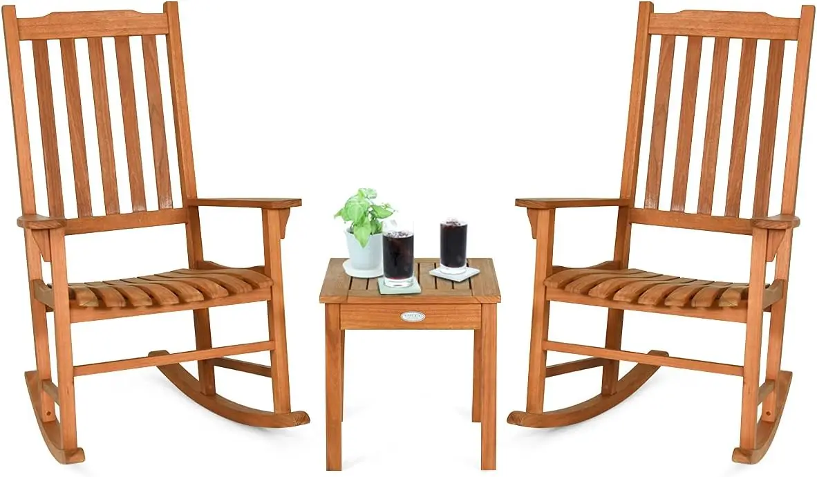 

Комплект из 3 предметов: кресло-качалка из эвкалипта, два деревянных кресла для бесед с журнальным столиком, для заднего двора, веранды, зоны у бассейна, газона