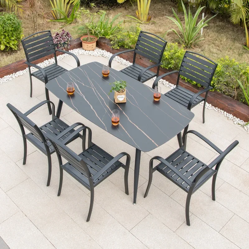 Outdoor Hotel Courtyard Milk Tea Table and Chair Set Plastic Wood Rock Slab Long Table with Aluminum Alloy Chairs for Balcony