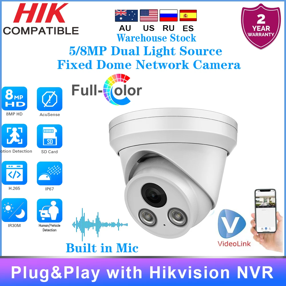 

Совместимая с Hikvision 4K 8MP 5MP двойной источник света ColorVu купольная IP-камера с ИК-подсветкой камера видеонаблюдения Plug&Play с HIK NVR