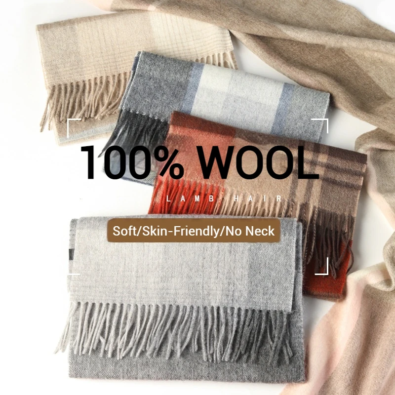 

100% Pure Wool Colorful Scarf for Women and Men Winter Warm Shawl Muffler Female Warm Soft Tassel Shawl for Lady All-match