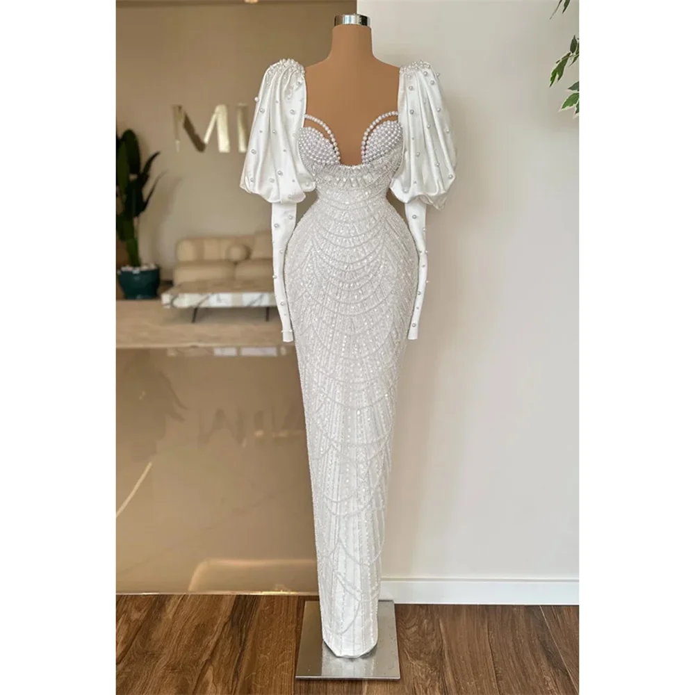 Luxury White Pearls Wedding Dresses Fashion Long Sleeves Beads Sequined Sheath Gowns Custom Elegant Floor Length Bride Dresses