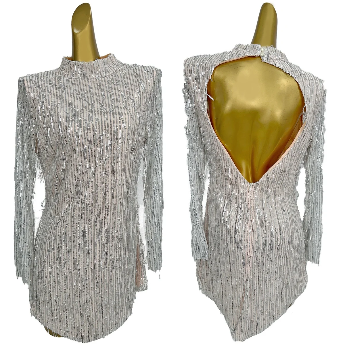 

Women Plus-size Sparkly Sequins Tassel Short Dress Night Club Party White Outfit Long Sleeved Backless Loose Mini Dress