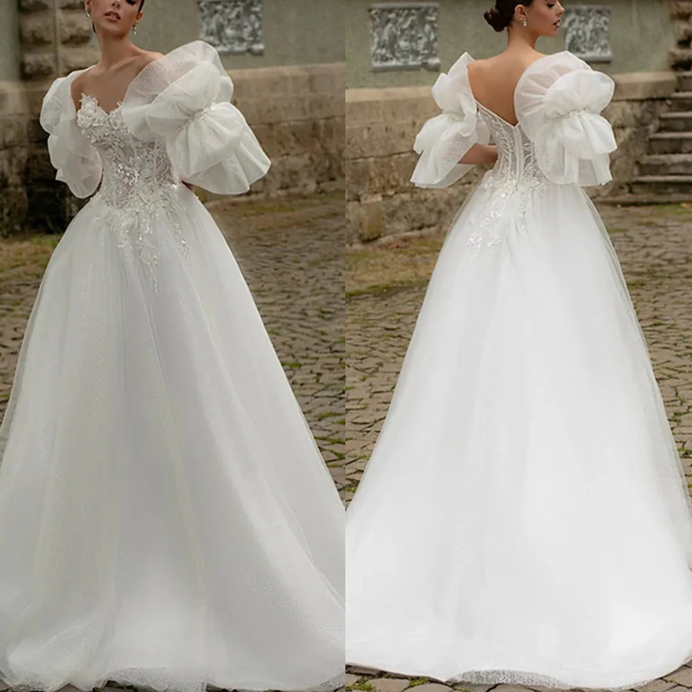 

Chic Strapless A-Line Lace Applique Wedding Dress With Detachable Ruffle Sleeves And Tulle Court Train Ivory White Garden Bridal