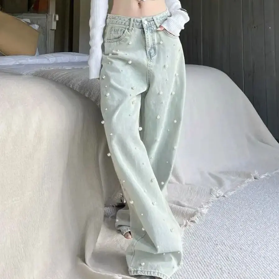 Loose And Fashionable Jeans Baggy Vintage 2024 New Denim Trousers Pearls Cowboy Pants Aesthetic Trashy Oversize Clothes