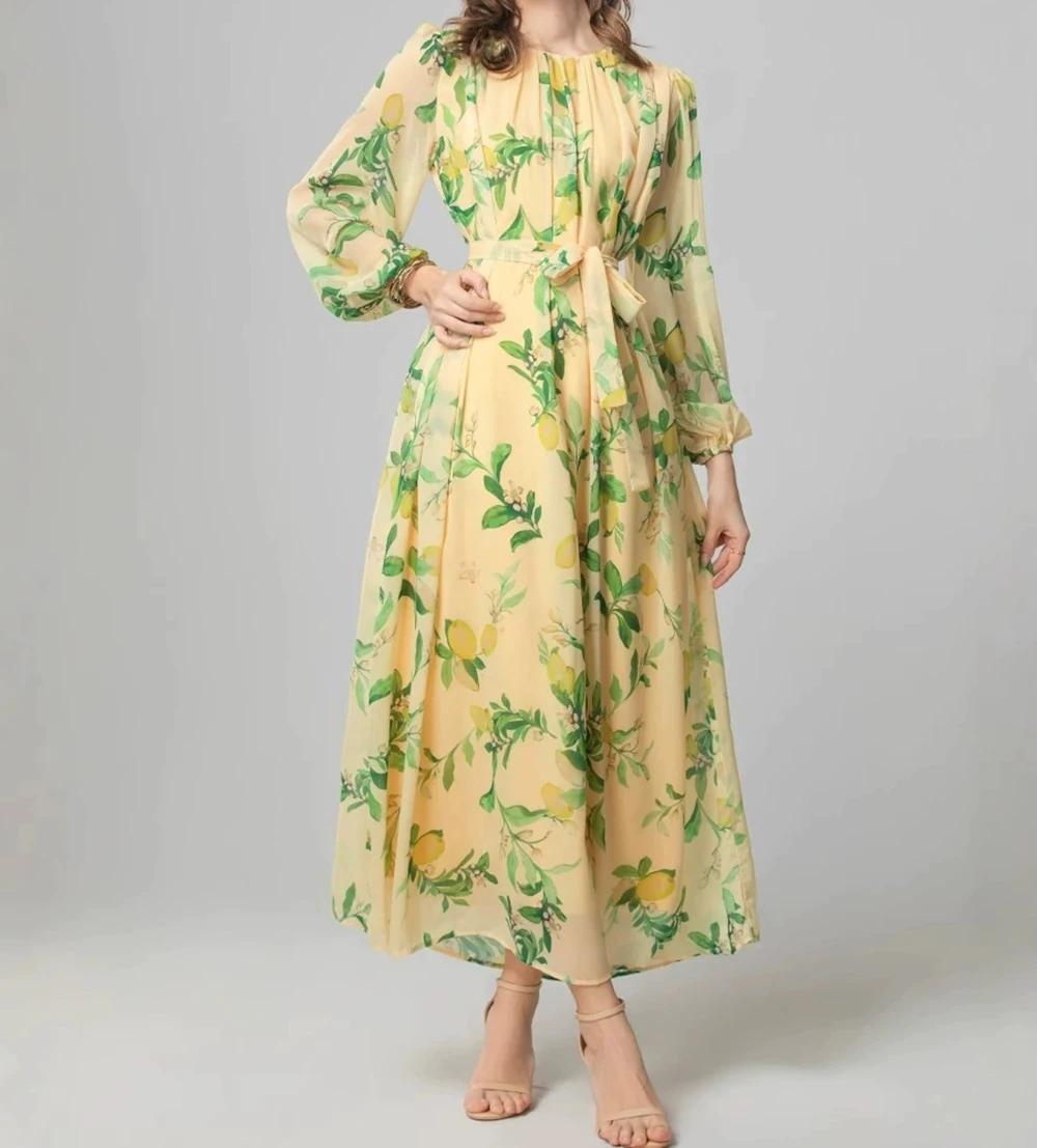

2025 Spring and Summer New Women's Round Neck Long Sleeve Yellow Chiffon Green Leaf Print Temperament Long Dress-GZXX133
