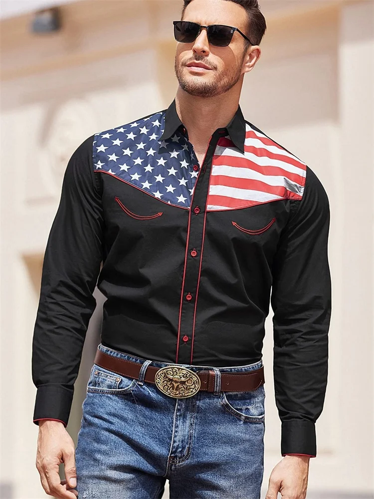 3D Vintage Print Men's Casual Fashion Long Sleeve Shirt Western Cowboy Style Men's Shirt Outdoor Street Men's Lapel Shirt tops