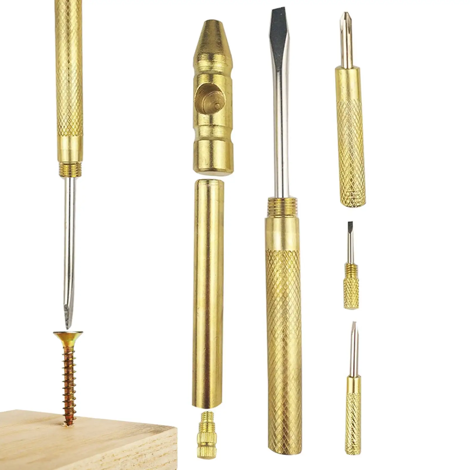 Copper Hammer Home Golden Hammer  6 in 1 Mini Multifunction Brass Hammer & Screwdriver Hand Tools Ideal for Watchmaker Jewelers