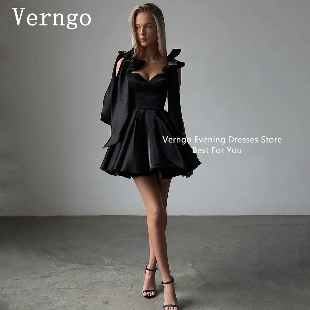 

Verngo Black/White Satin Mini Prom Gown Spaghetti Straps A Line Party Dress For Women Simple Mini Evening Dress