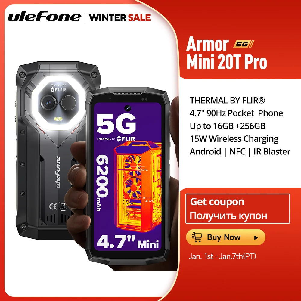 Ulefone Armor Mini 20T Pro 5G FLIR® 4.7" 견고한 휴대전화 Android 14 스마트폰 256GB ROM 모바일 전화 열 이미징