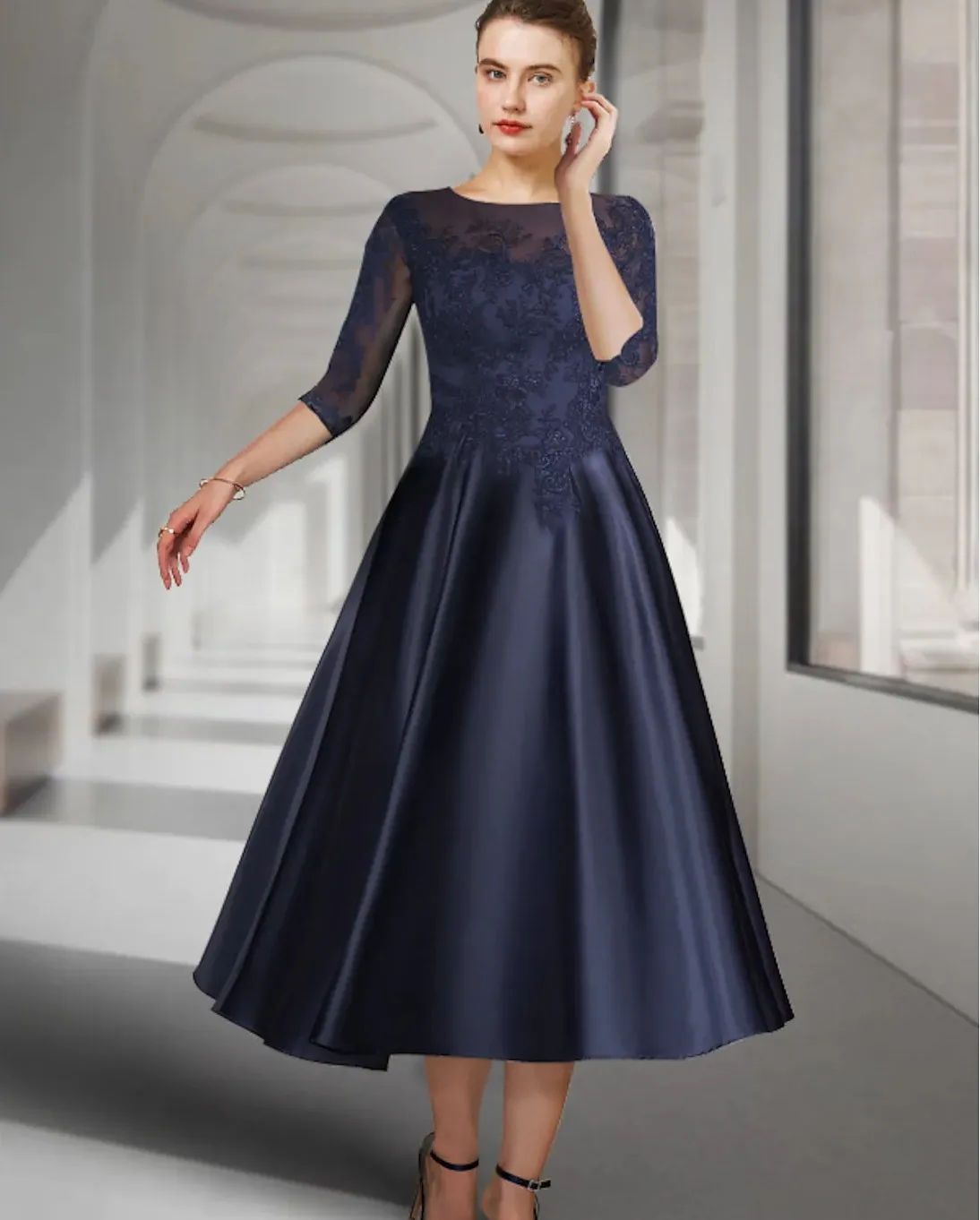 

Dark Navy A-Line Mother of the Bride Dress Elegant Jewel Neck Tea Length Lace Satin Half Sleeve Groom Wedding Party Gowns