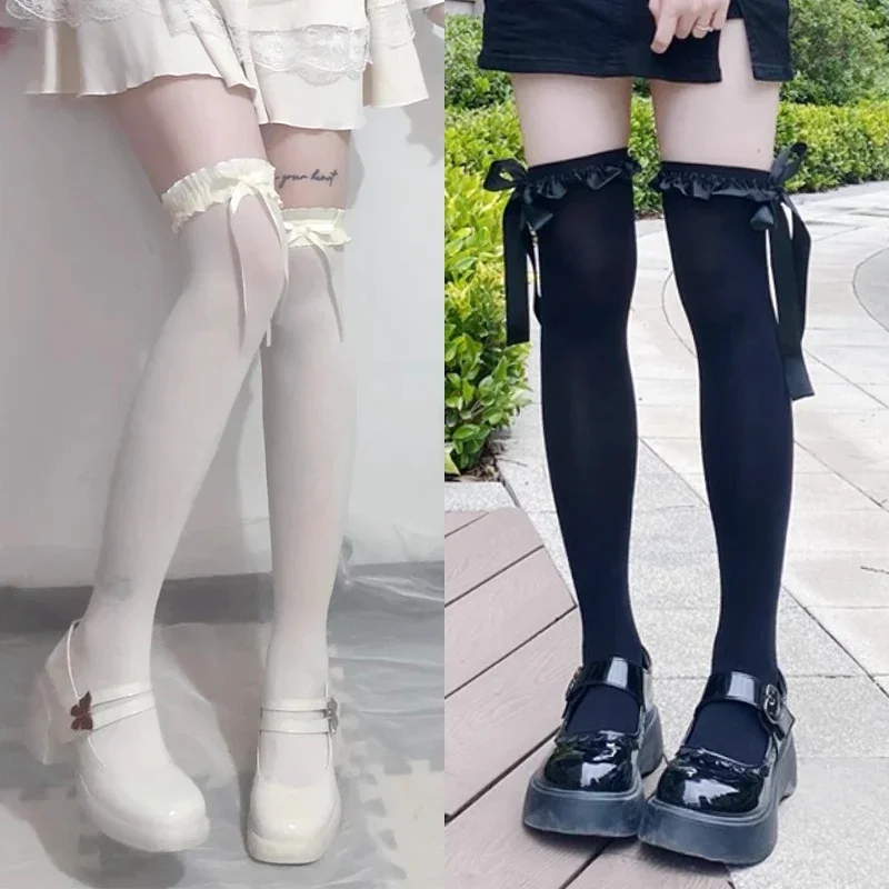 

Women Lace Black White Ruffle Long Socks Women Girls Sweet Stockings JK Lolita Nylon Lace Leggings Over The Knee Bowknot Hosiery