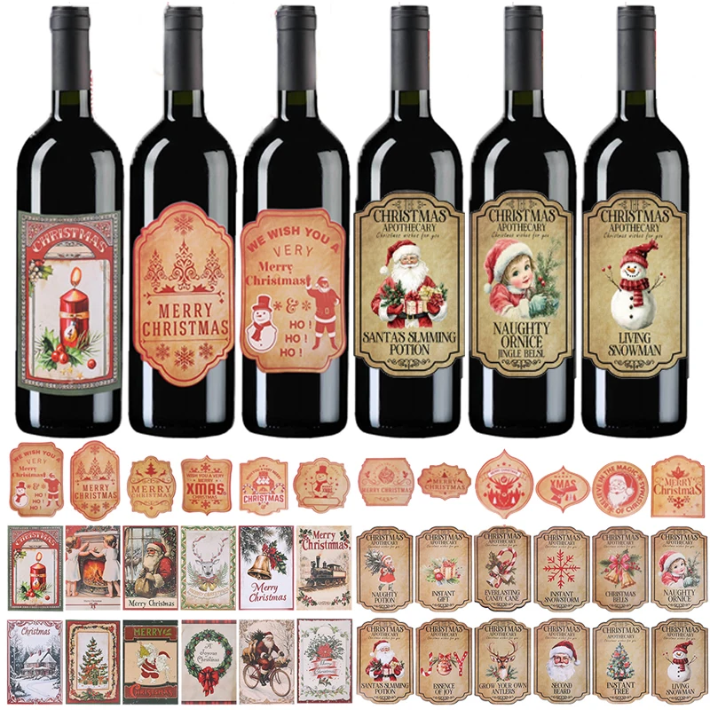 12/60pcs Xmas Wine Sticker Merry Christmas Decoration Wine Bottle Decals Santa Snowmen Labels Stickers for Dining Table Decor