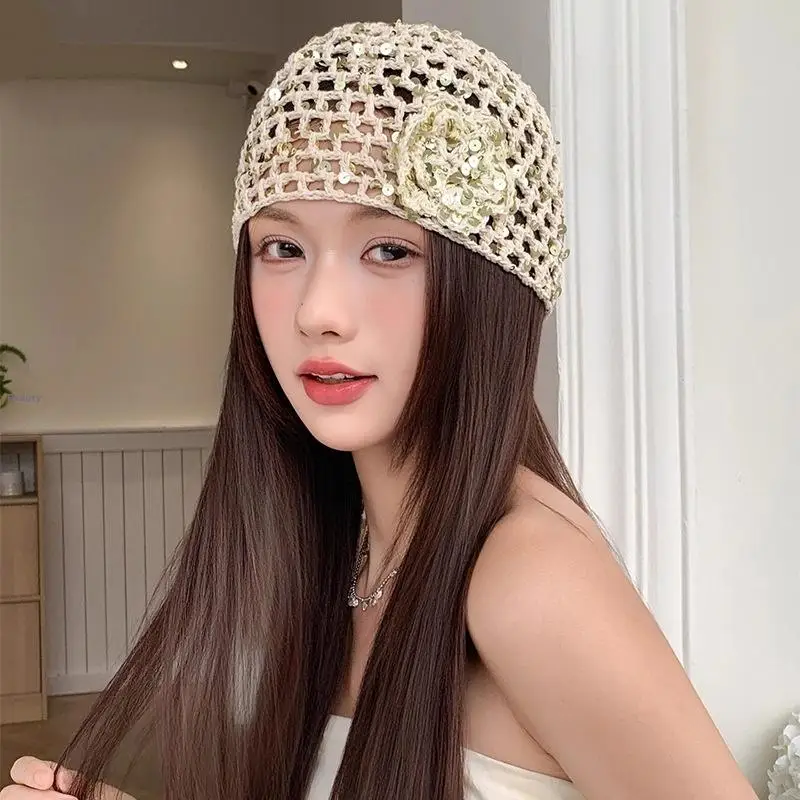 Retro Elegant Sequined Flower Hollow Pullover Hat Women Summer Autumn Travel Photo Atmosphere Versatile Casual Y2K Woven Beanies