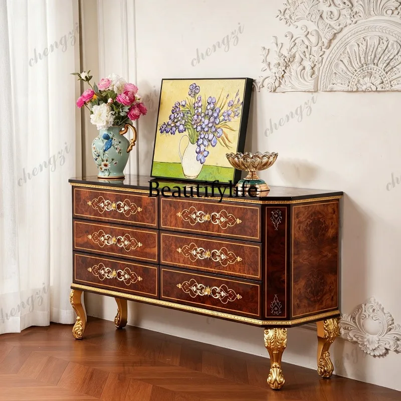 French retro solid wood large chest cabinet European classical home decoration locker villa living room storage cabinet
