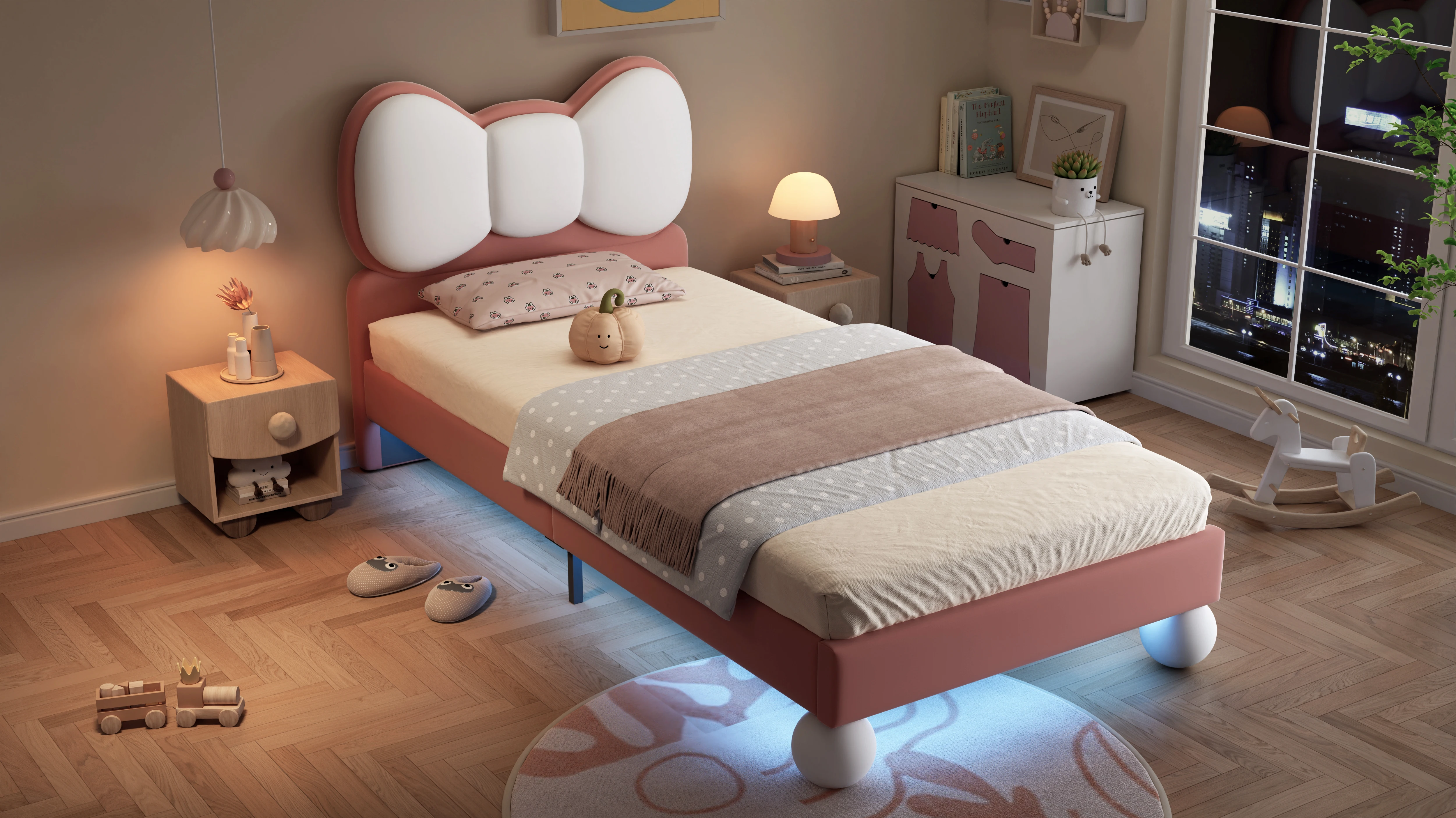 PINGGO Kinderbett, Einzelbett, 90 x 200 cm, Samt-Kopfteil in Fliegenform, Farbe, verstellbares LED-Licht, stabile Latten, ohne Matratze – Detail 2