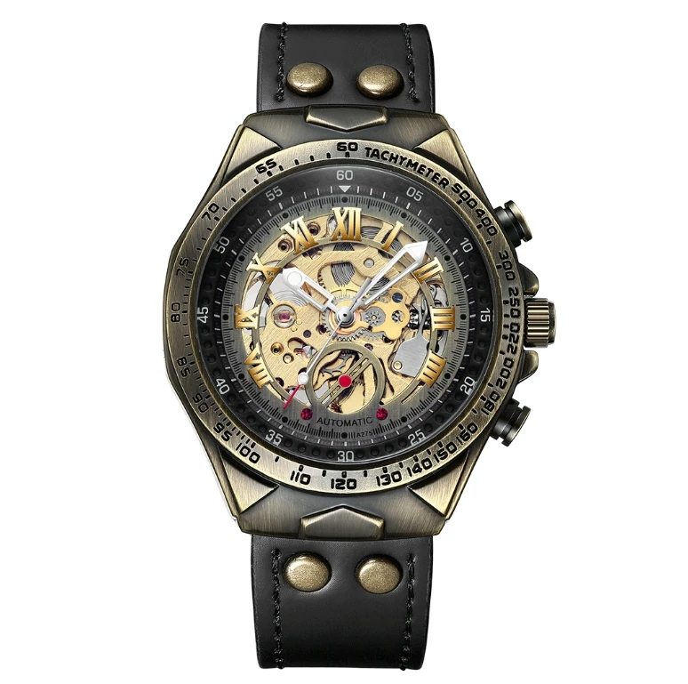 Montre mécanique automatique Vintage pour hommes, marque d'affaires, étanche, bracelet en cuir Bronze Antique, mode masculine, horloge, cadeau