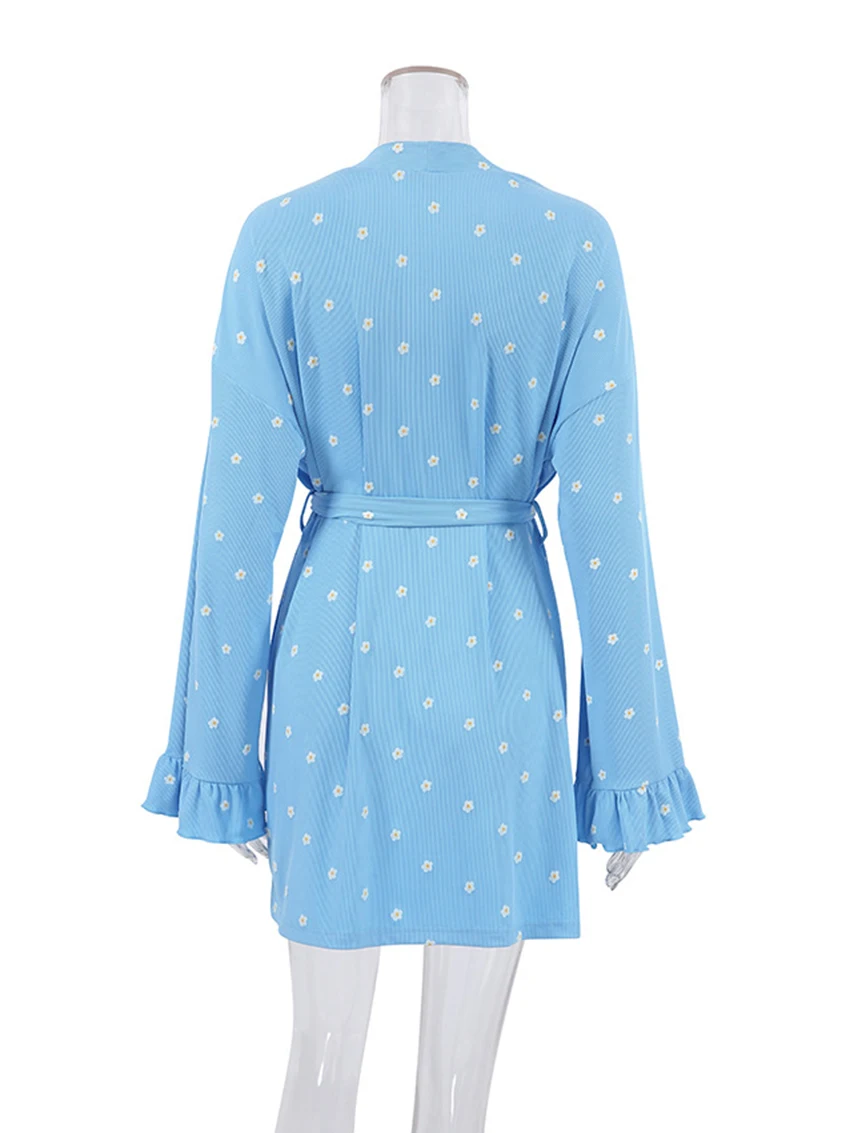 Marthaqiqi Printing Casual Ladies Pajamas Sexy V-Neck Sleepwear Long Sleeve Nightwear Lace Up Nightie Fashion Women'S Pyjamas