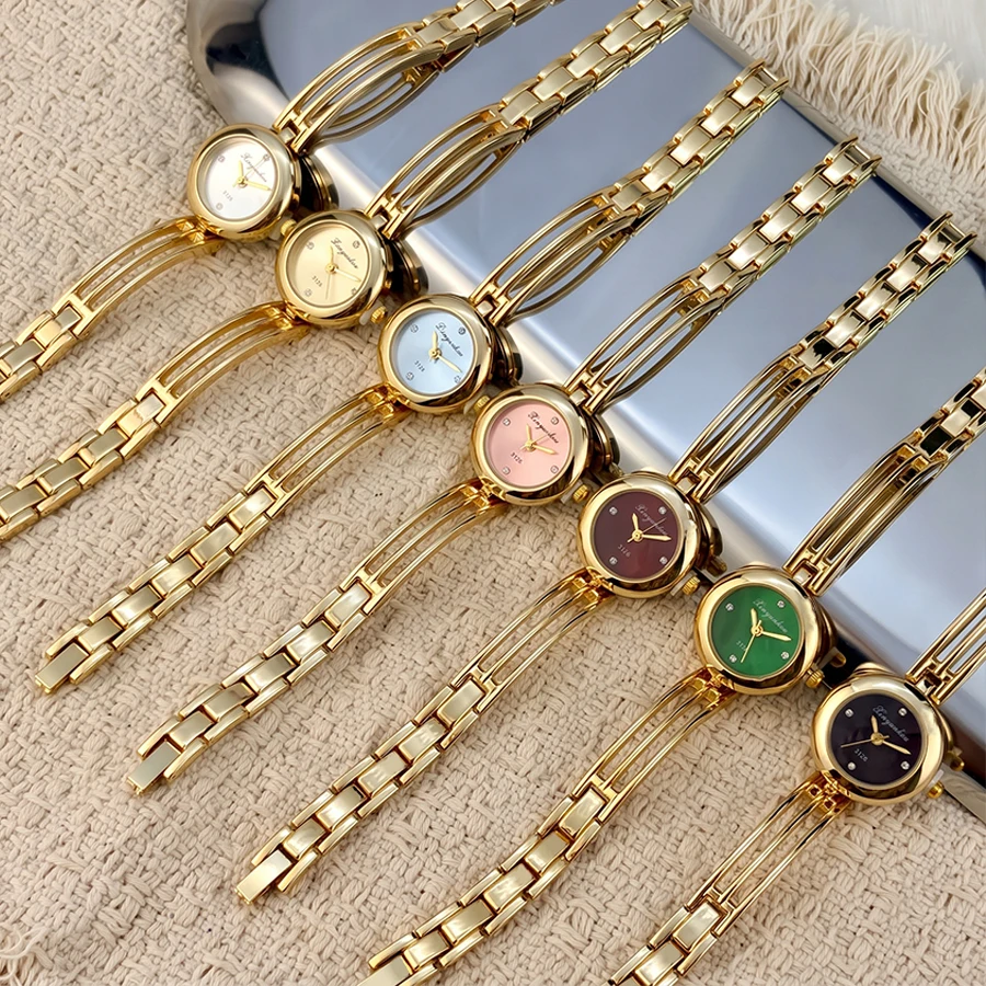 Fashion Round Dial Three-Rod Curved Bracelet Gold Watch for Woman