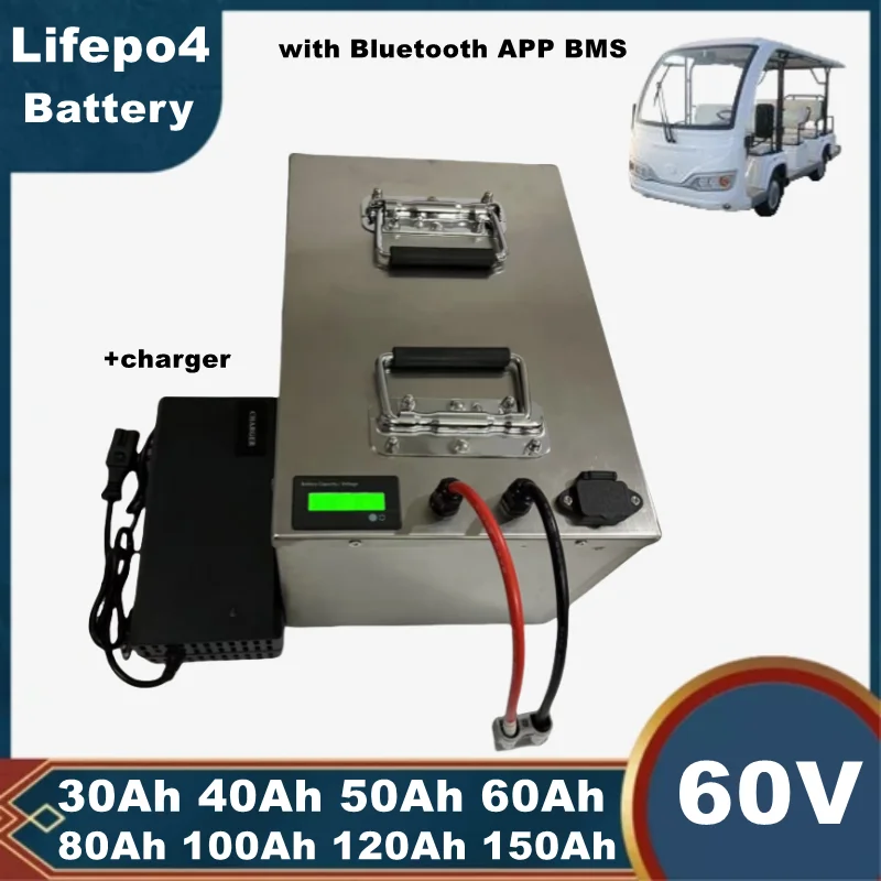 60V Lifepo4 Lithium Iron Phosphate Battery 30Ah-150Ah with Bluetooth APP BMS for Scooter Boat Golf Cart - Charger Included