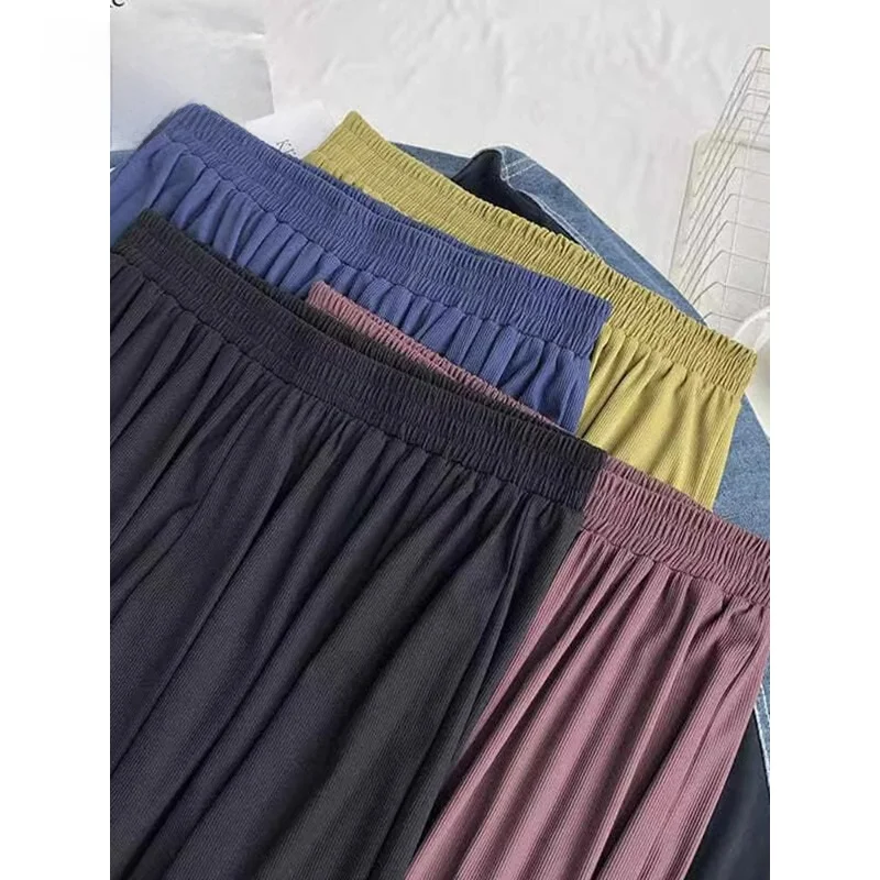 

WASSUP SU plus Size Ice Silk Cuffed Casual Pants Men Women Spring Autumn Thin Loose High Waist Slimming Sport Trousers