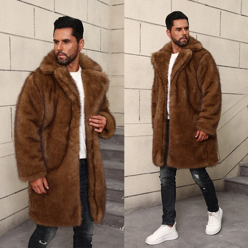Nouveau Manteau chaud épais en fausse fourrure pour hommes mi à Long col de costume britannique veste chaude en fausse fourrure
