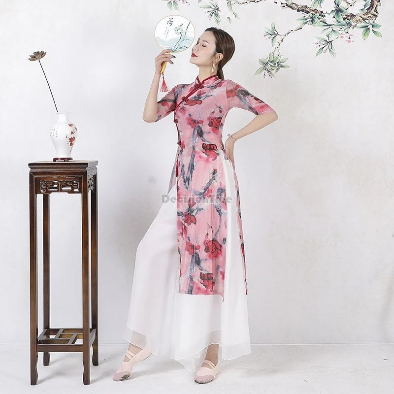 2025 chinese style classical printed qipao set improved literature art temperament gauze qipao folk dance vintage dainty garment