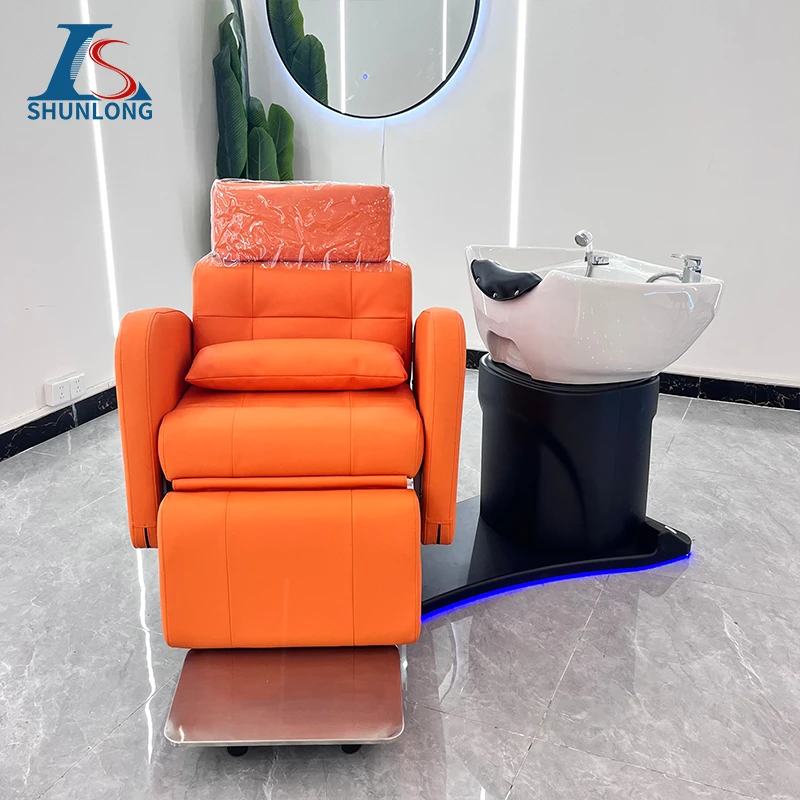 Peluquería moderna, muebles de peluquería, silla de lavado tailandesa, cama de champú eléctrica de lujo para salón de belleza