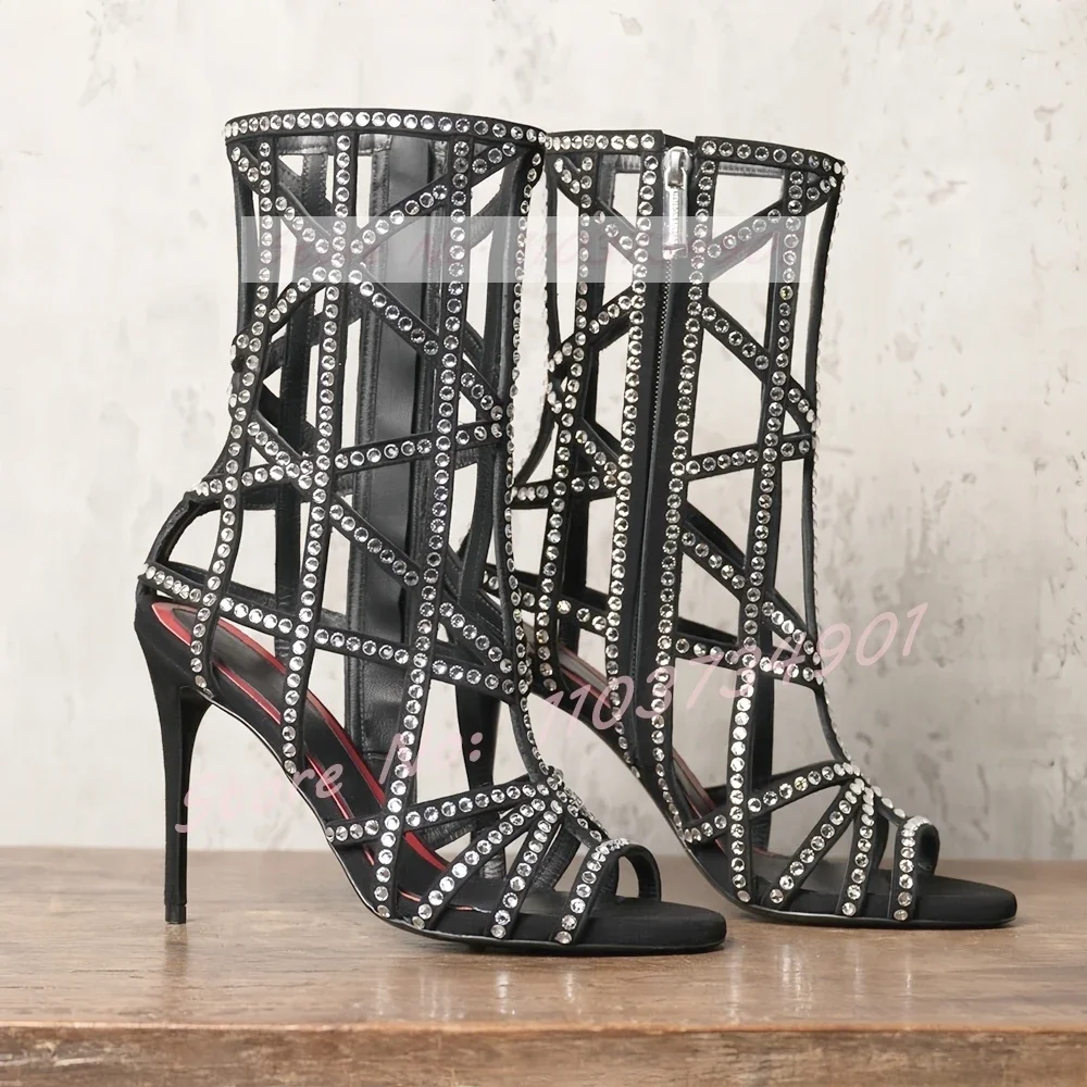 

Cross Strap Crystals Ankle Sandals Women Rome Style Open Toe Black Flock High Heels Shoes Female Party Sexy Round Rivets Sandals