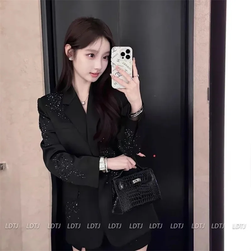 Senior Heavy Industry Suit Jacket Women\'s Spring and Autumn 2024 New One-button Long-sleeved Coat Slim Suit Shiny Rhinestone Top