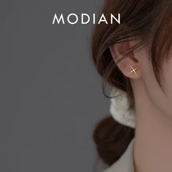 Modian 100% 925 Sterling Silver X Shape Simple New Fashion Stud Earrings Gold Color Line Ears For Women Party Dating Jewelry