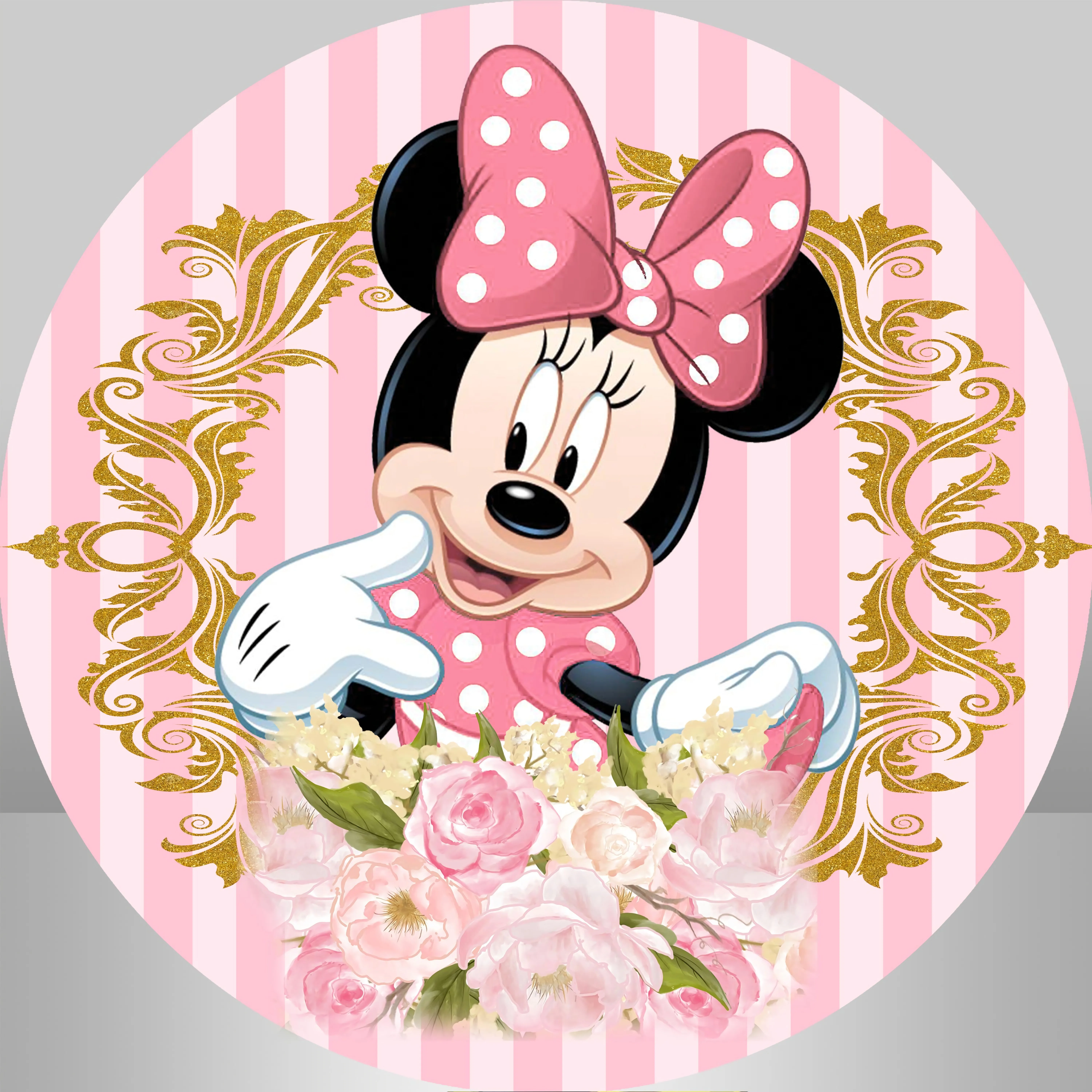 Menina chá de bebê minnie mouse círculo redondo pano de fundo dos desenhos animados flor arco aniversário photobooth mesa cilindro cobre